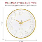 Foxtop Gold Wall Clock 12 Inch Silent Non-Ticking Battery Operated Round Quartz - Image 2