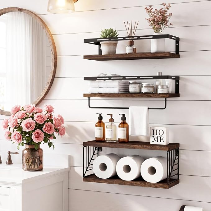 Fixwal Wall Mounted Bathroom Shelves Over Toilet, Rustic Wood Floating Shelves - Image 2