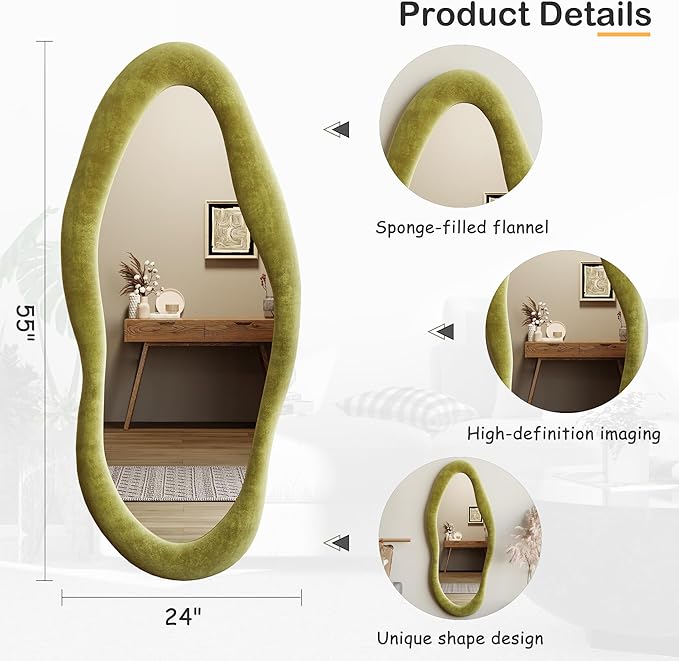 Honyee 55" x 24" Wavy Mirror, Flannel Wrapped Wooden Frame, Irregular Hanging - Image 4