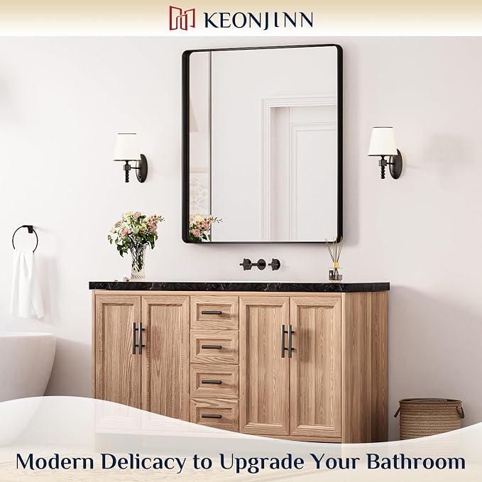 Keonjinn Black Bathroom Mirror for Over Sink, 32 x 36 Inch Rounded Rectangle - Image 2
