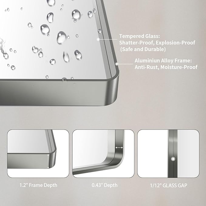 LOAAO 40X36 Inch Brushed Nickel Bathroom Mirror, Rounded Rectangle Silver Metal - Image 5