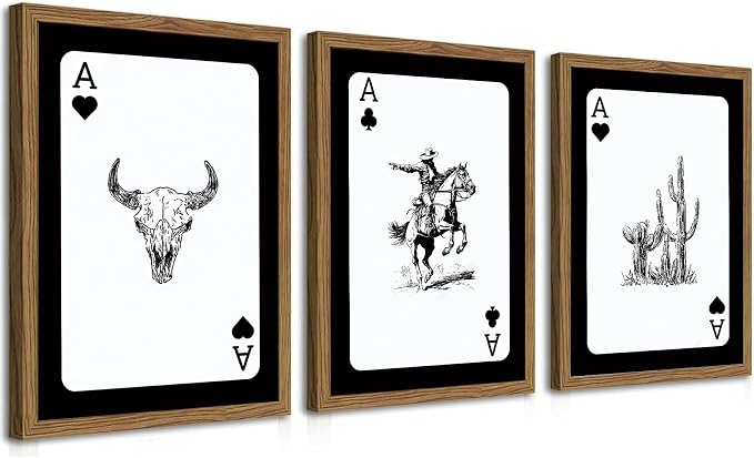 Western Cowboy Wall Art Set Of 3 Cowboy Print Playing Card Inspired by TransformYourWallsElevateYourStyle