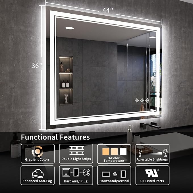 LED Mirror, 44x36 Inch Gradient Front and Backlit Lighted Mirror, 3 Colors - Image 2