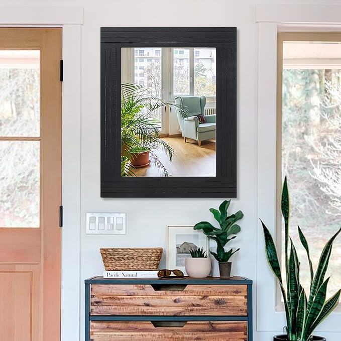 Black Rectangular Vintage Rustic Wood Framed Large Mirror - Image 3