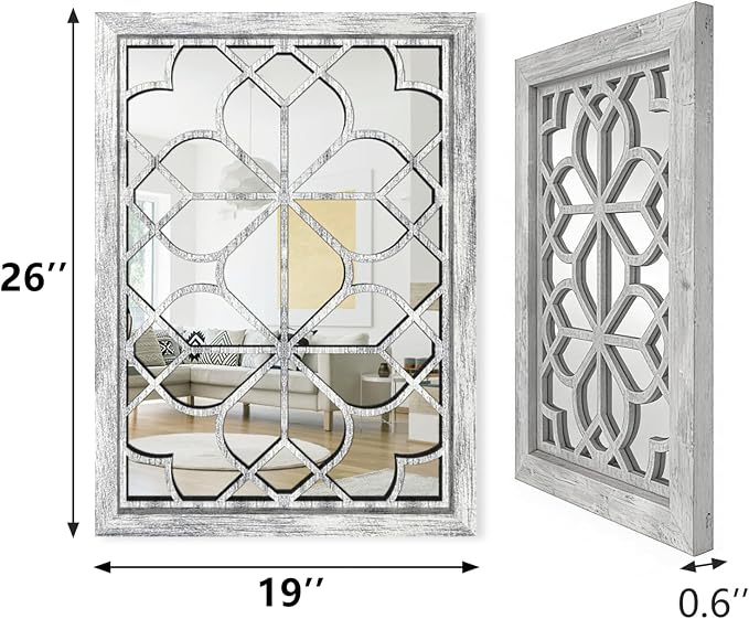 Set of 2 19x26 Inch Large Grey Shatterproof Rectangular Wall Mirrors, Boho - Image 2