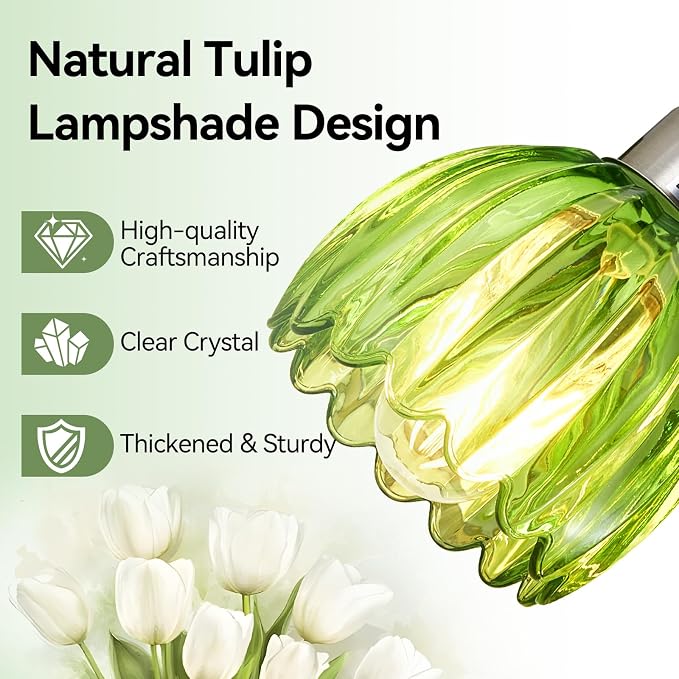 3-Light Vanity Lights with Green Tulip Glass Shade, Brushed Nickel Bathroom - Image 3