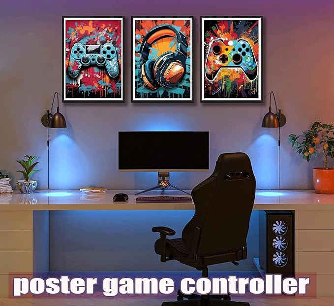 PPV 3Pcs Cool Gaming Wall Art Retro Video Gamer watercolor Posters Pictures - Image 2