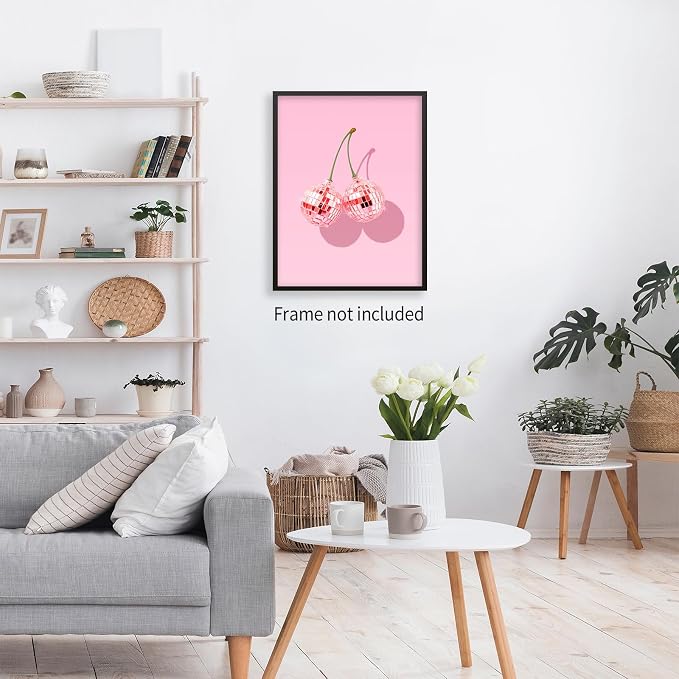 jkahh Pink Disco Ball Cherry Poster Retro Funky Preppy Fruit Wall Art Trendy - Image 4