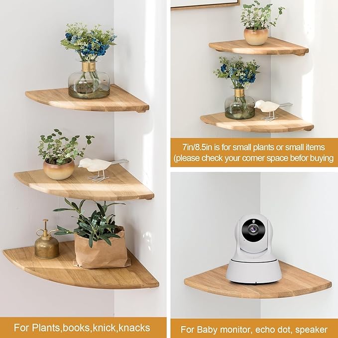 Corner Shelf, Solid Oak Wood Floating Corner Shelves Wall Mount Round End - Image 3