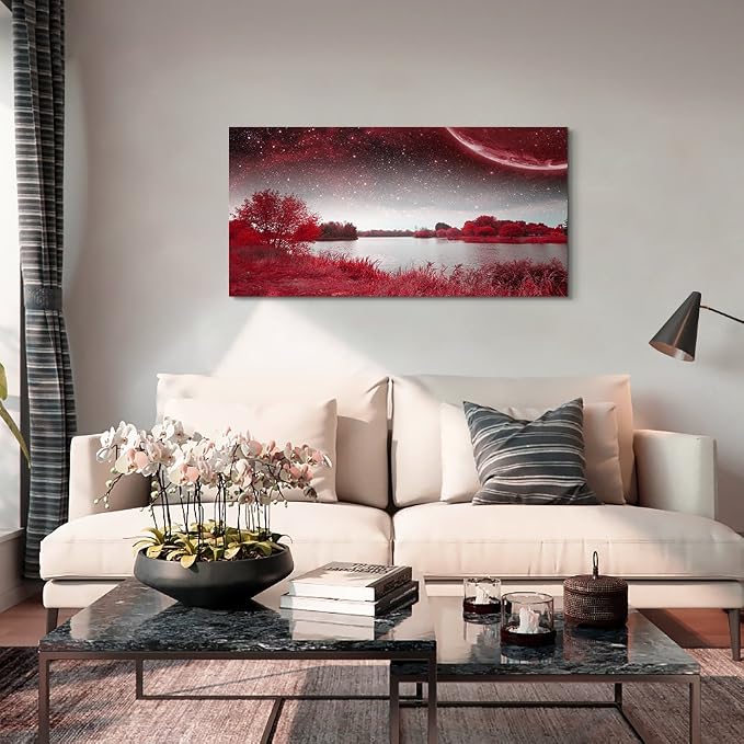 wall art for living room Red Lakes and trees under the starry sky red landscape - Image 7
