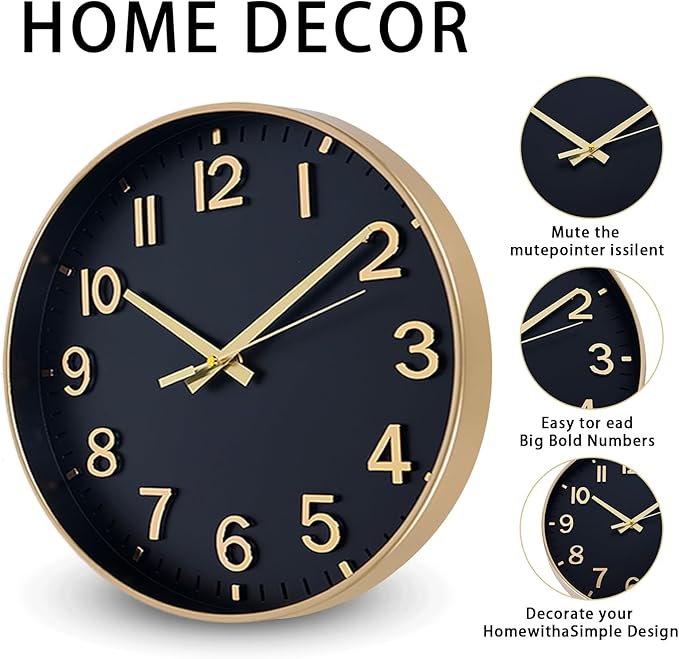 HZDHCLH Wall Clocks Battery Operated, Wall Clock Black Gold, 10 inch Wall Clock - Image 4