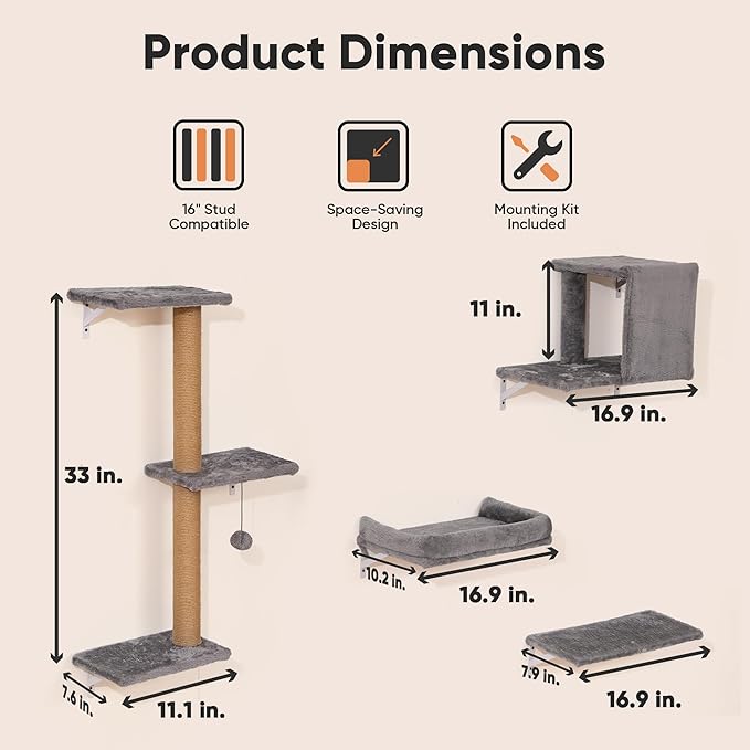 FUKUMARU Cat Wall Shelves, Stable & Safe 4 in 1 Cat Walls Furniture Set - Image 5