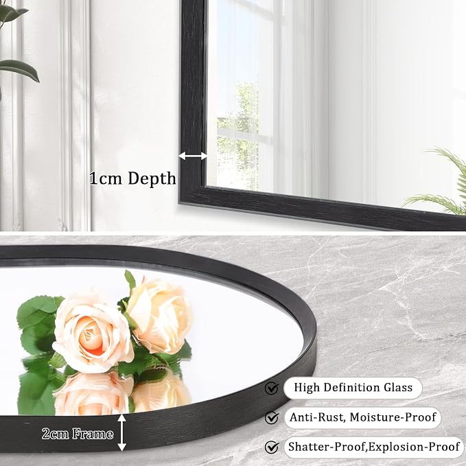 Black Arched Bathroom Wall Mirror Brushed Metal Vanity Wall Mounted Mirror - Image 2
