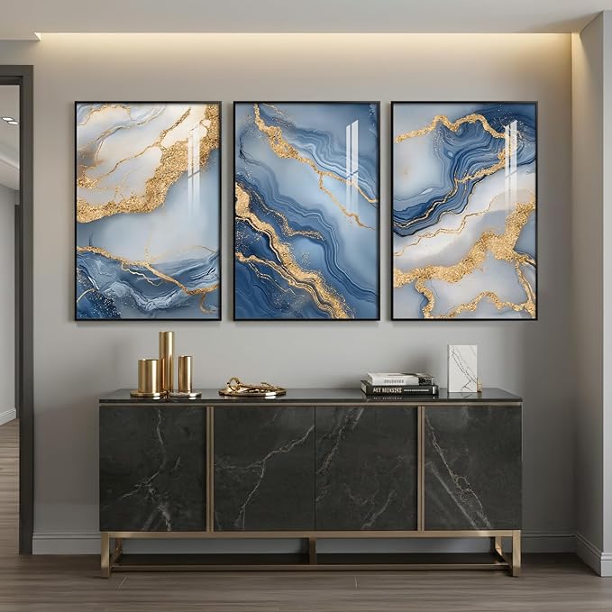 Large Framed Abstract Wall Art for Living Room, Modern Luxury 3 Piece Blue Gold - Image 2