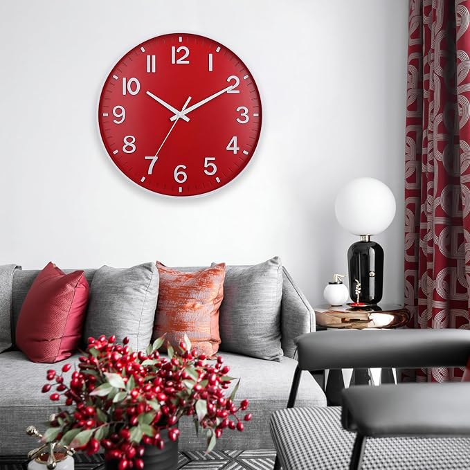 HZDHCLH Red Wall Clocks Battery Operated, 12 inch Silent Non Ticking Modern - Image 2