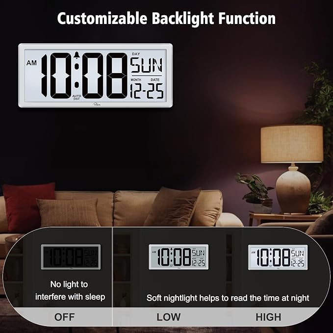 WallarGe Backlight Digital Wall Clock Battery Operated - - Image 3