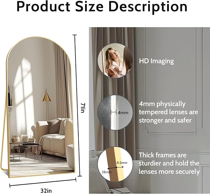 Beauty4U 71" x 32" Arched Full Length Mirror, HD Tempered Glass Floor Mirror - Image 6