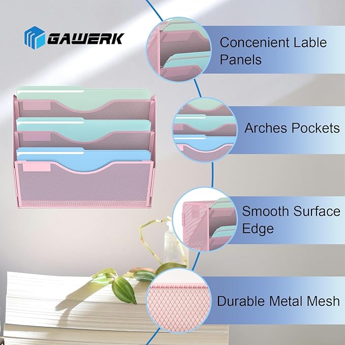 Gawerk 3 Tier Hanging Wall File Organizer, Mesh Mail Paper Orgnization Hanging - Image 3