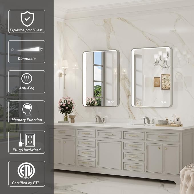 LED Bathroom Mirror with Lights, 20x28 Inch Brushed Silver Framed Lighted - Image 2