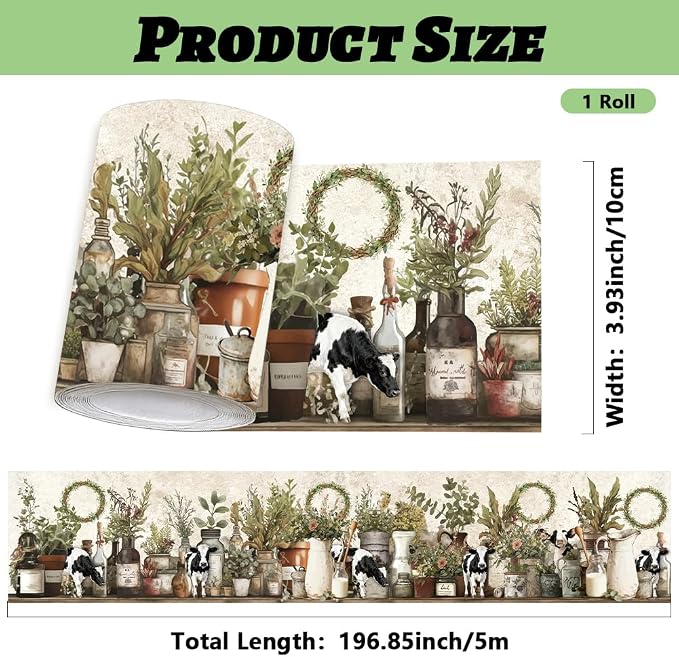 Farmhouse Wallpaper Border Wall Border Trim Peel and Stick 19.7 x 4 Inch Cattle - Image 2