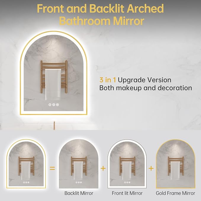 Arched LED Mirror for Bathroom 24"x30", Brushed Gold Lighted Bathroom Mirror - Image 5