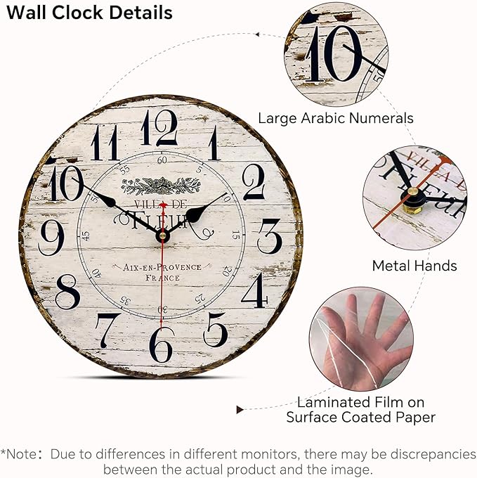 14 Inch Retro Vintage French Country Style Round Wooden Wall Clock Silent - Image 3