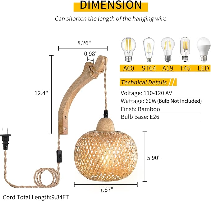 Frideko Bamboo Lantern Plug in Wall Sconces Wicker Wall Lamp - Image 4