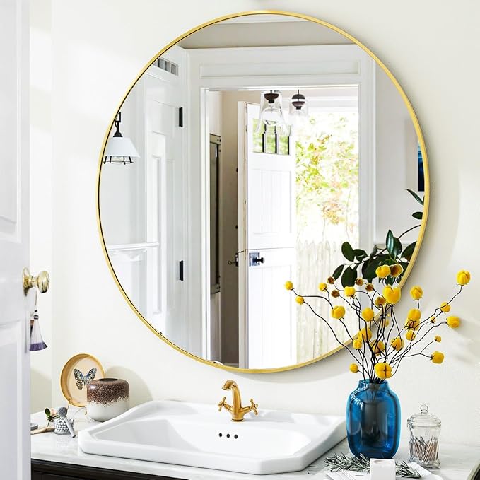 VooBang Gold Round Bathroom Mirror, 30 inch Circle Wall Mounted Hanging Mirror - Image 7