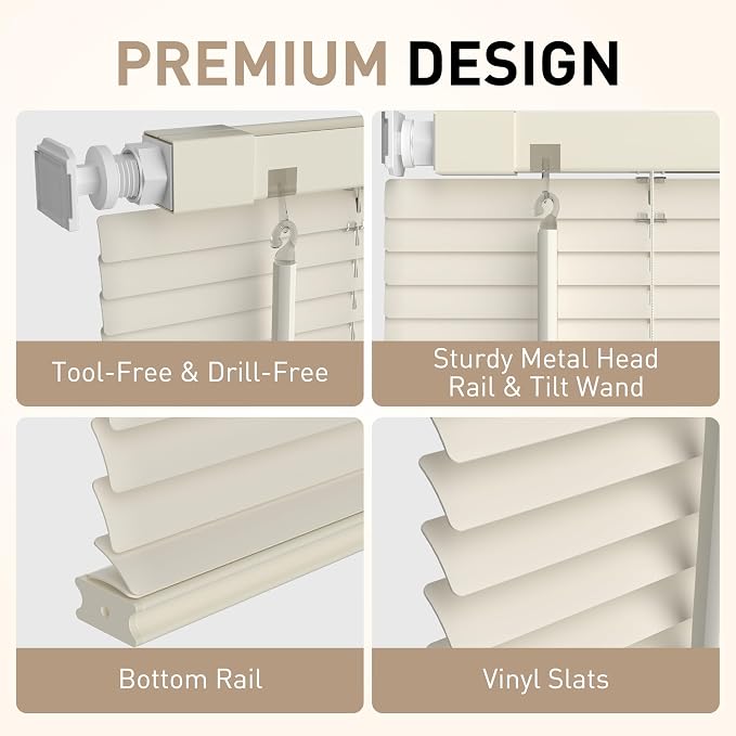 No Drill No Tool 1" Vinyl Mini Blinds, Light Filtering Horizontal Window Blinds - Image 3