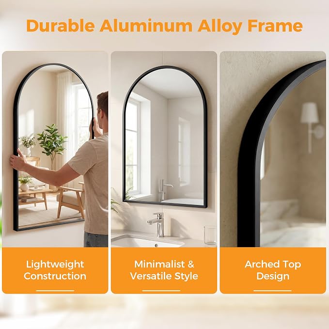 OLIXIS 20x30 Inch Arched Black Bathroom Mirror - Image 3