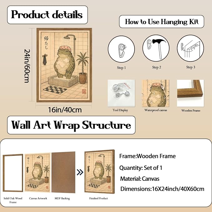 Funny Japanese Frog Bathroom Wall Art Whimsical Frog Shower Wall Decor 16x24 - Image 3