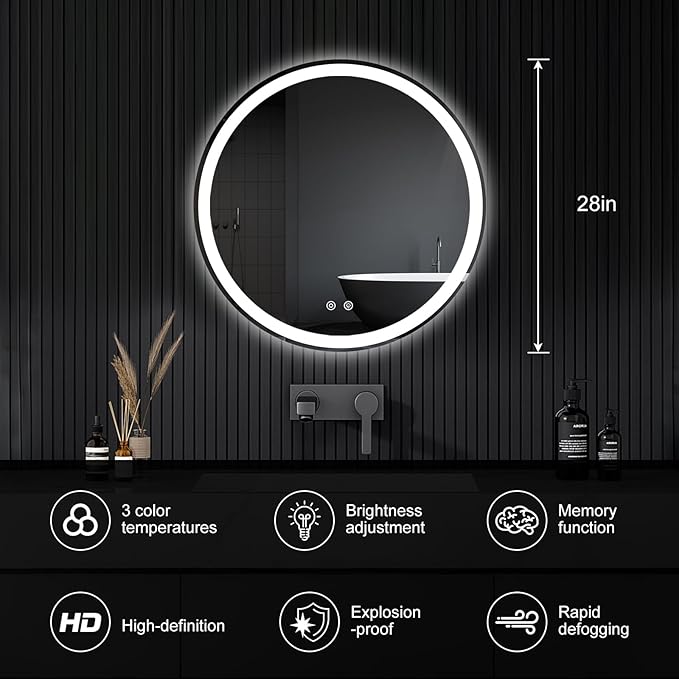 NEWBULIG 28 Inch Round LED Bathroom Wall Mirror - Image 3