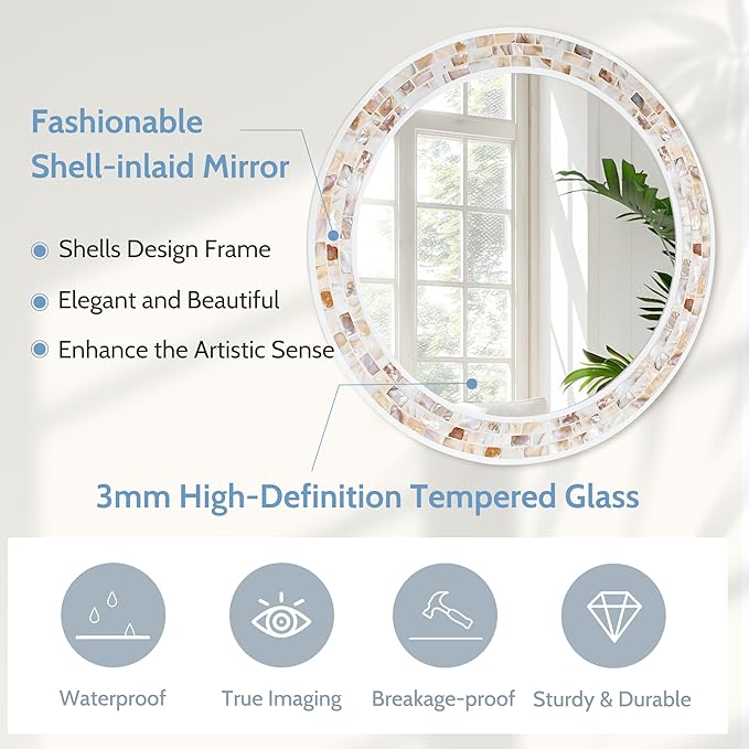 Tanmicoshomy Round Wall Mirror 30 Inch, Natural Brown Shell Framed Circle - Image 2