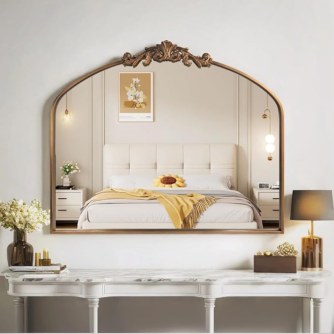 HQiJun Gold Wall Mirror, Large Arched Vintage Baroque Ornate Mirrors, by HQiJun