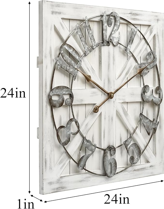 EMAX HOME Large Farmhouse Wall Clock – 24 Inch White Square Rustic Wooden Clock - Image 3