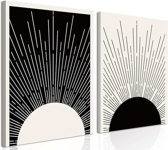 Hwetui Framed Boho Sun Wall Art Set of 2 Black and White Minimalist Sunrise by Hwetui