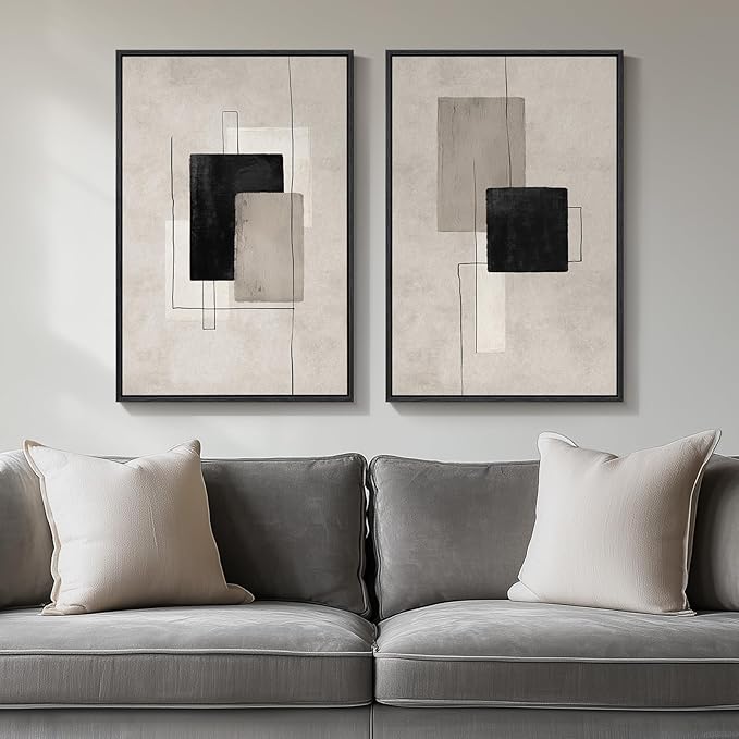 Framed Neutral Abstract Wall Art Set of 2, Minimalist Block Lines Pictures by Cuspin