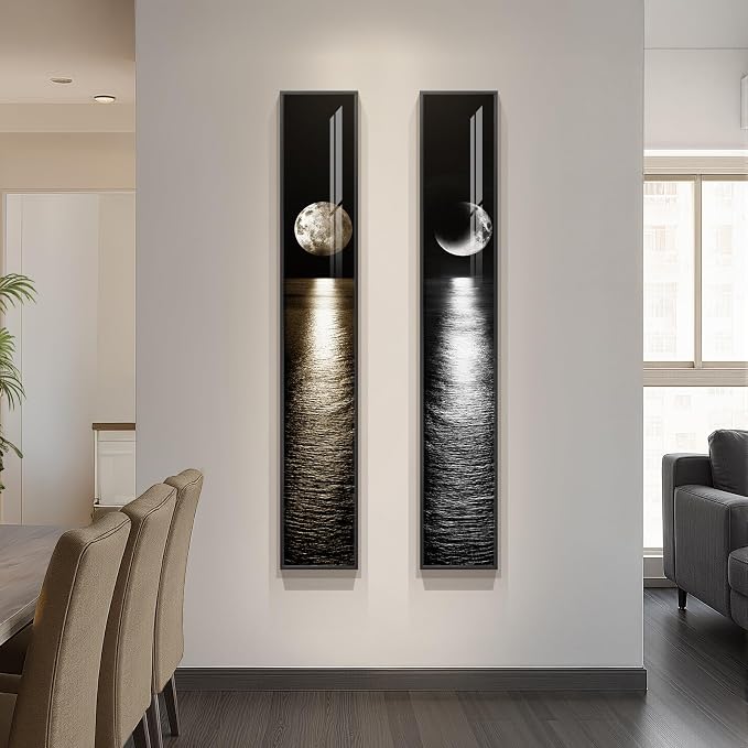 Framed Long Narrow Vertical Moon Wall Art Set of 2, Modern Black White Gold - Image 4