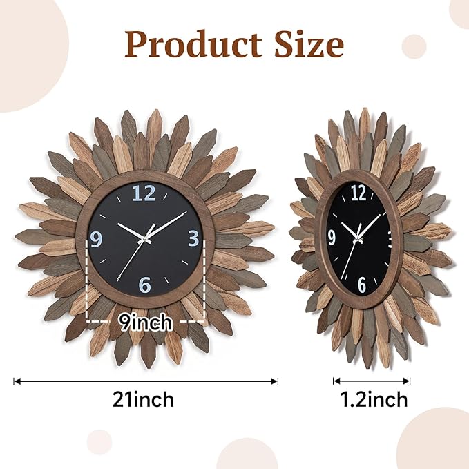 Honiway Large Wall Clock Battery Operated 21 in Rustic Wood Boho Sunburst - Image 2