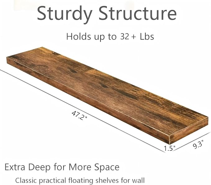 Vervida® Floating Shelves, 47.2 inch Wall Mounted Rustic Wood Shelves - Image 3