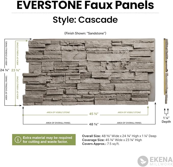 EverStone Cascade Faux Stone Panel, 48 5/8"W x 24 3/4"H x 1 1/4"D, Polermo Color - Image 2