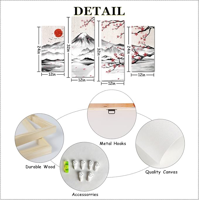 LyerArtork 4 Panel Japanese Ink Painting Wall Art Mount Fuji - Image 6