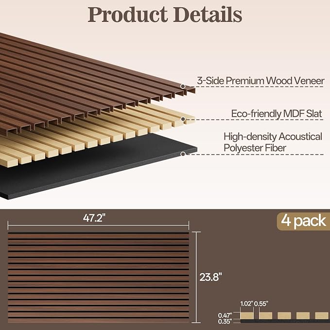 4 Pack Wood Panels for Wall, 47.24" x 23.81" Acoustic Wood Slat Wall Panel for - Image 2