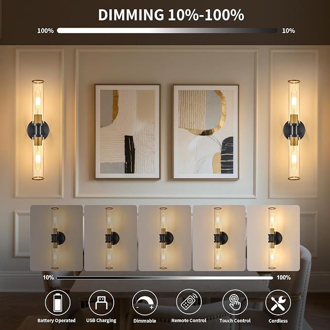 Wireless Wall Sconce with Remote Control, Easy Install Dimmable Rechargeable - Image 2
