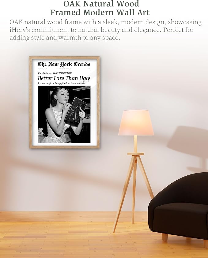 iHery Natural OAK Wood Audrey Hepburn Trendy Framed Wall Art, Better Late Than - Image 4