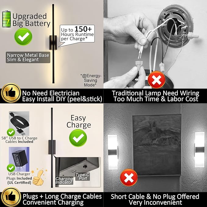 Easy Install Peel and Stick on Battery Operated Wall Sconces Set of 2 - Image 3