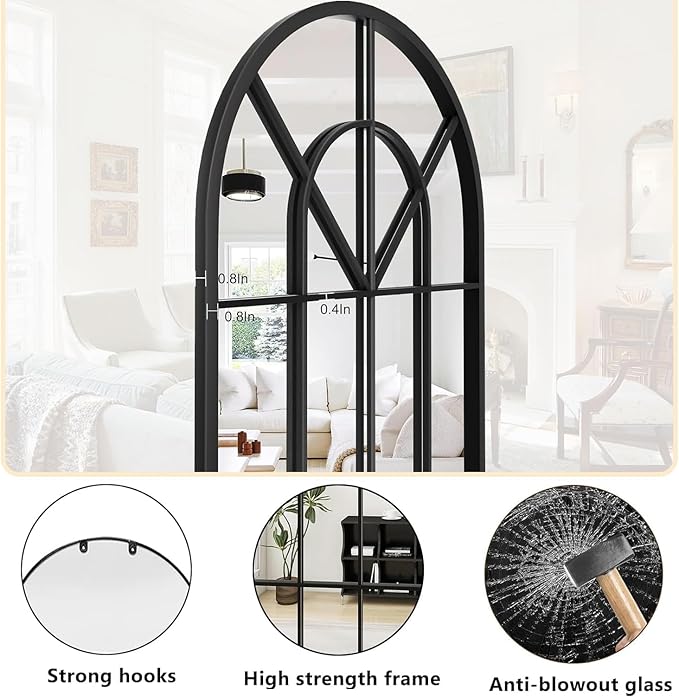 Dewfig Arch Wall Mirror Mounted Decorative, Arched Window Pane Mirror - Image 5