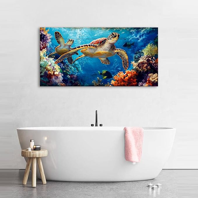 Sea Turtle Wall Art for Living Room Ocean Bathroom Decor Colorful Fish Coral - Image 5