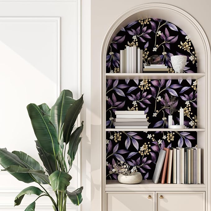 Extra Long Vintage Purple Leaves Wallpaper, 17.5In x 393In Black Botanical - Image 7
