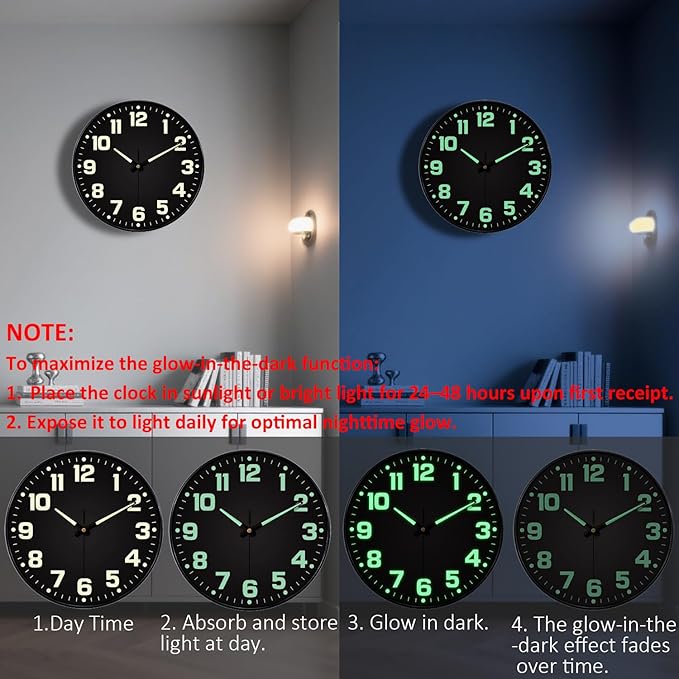 Glow in The Dark Wall Clock Non Ticking, 10 inch Silent Wall Clocks Battery - Image 4